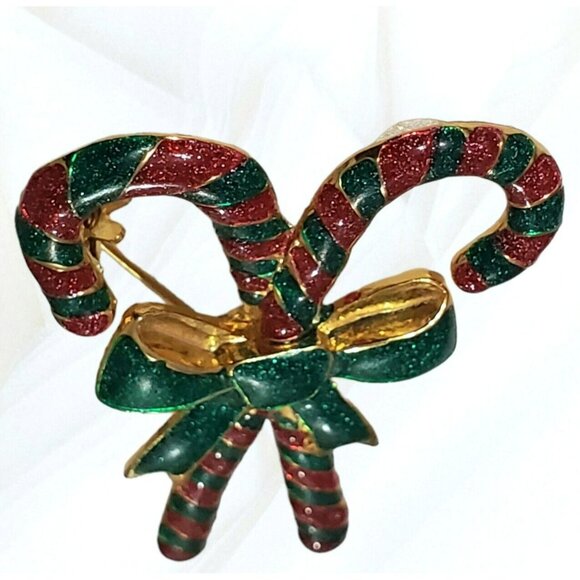 VTG Double Candy Cane Brooch Pin Christmas Enamel Glitter Gold Stripes Bow AAi - Picture 4 of 8